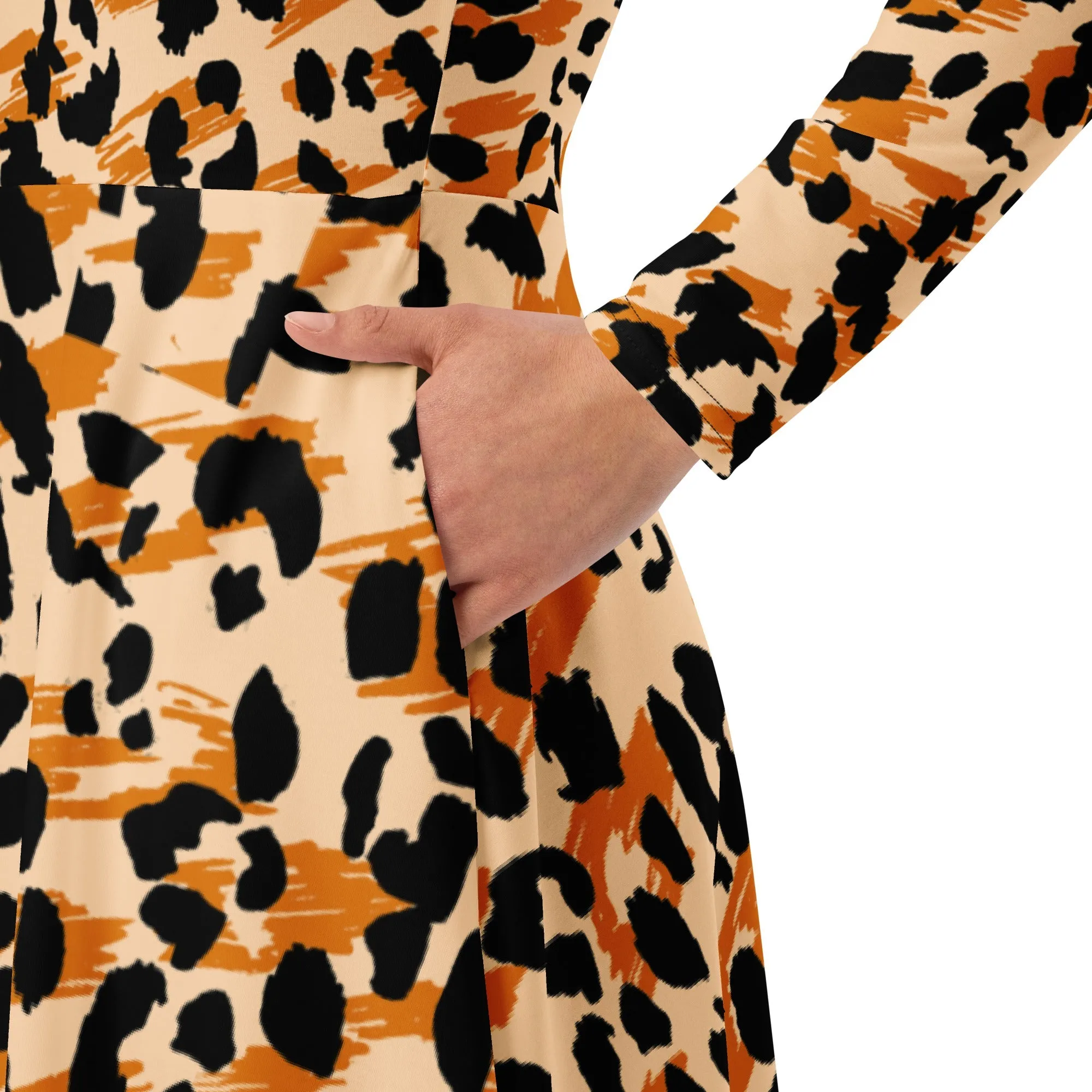 Chic Women's Long Sleeve Midi Dress Animal print & Exquisite Detailing for Elegance