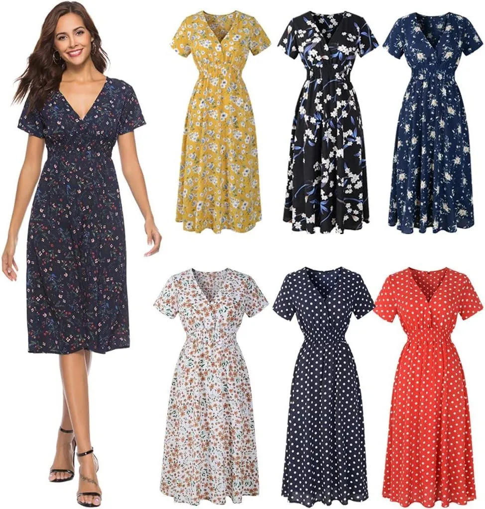 Chiffon Beach Dress Print V-Neck Short Sleeve Dress Bohemian Dress