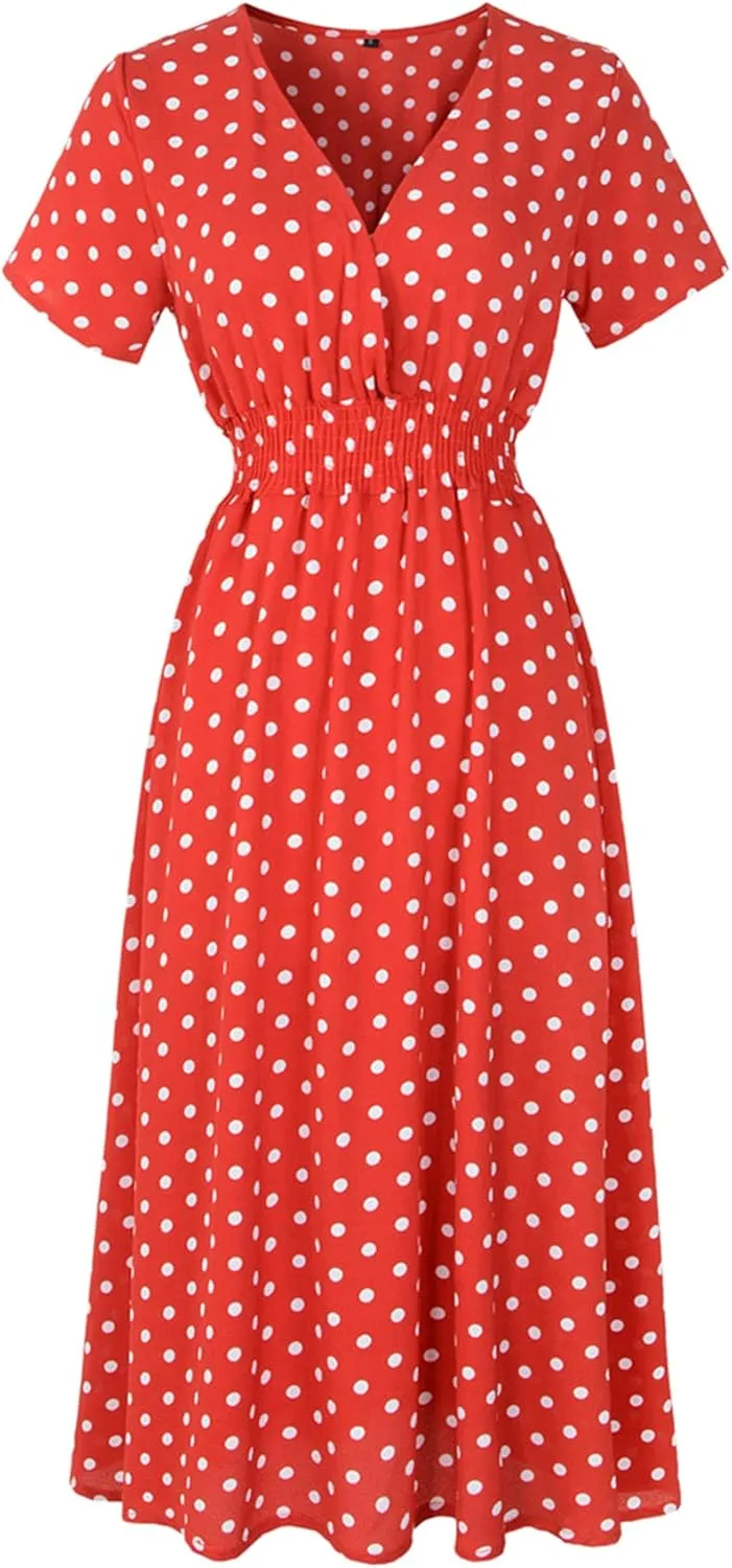 Chiffon Beach Dress Print V-Neck Short Sleeve Dress Bohemian Dress