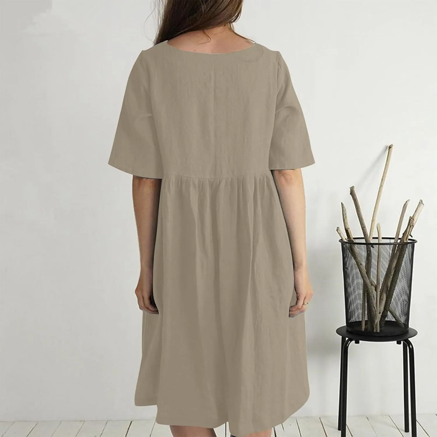 Cotton Linen Midi Dress for Women Casual Loose Solid Button A-line Dress Flowy Summer Beach Vacation Dress