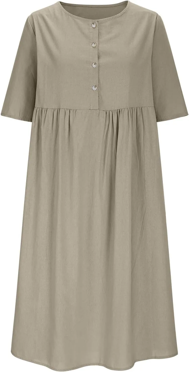 Cotton Linen Midi Dress for Women Casual Loose Solid Button A-line Dress Flowy Summer Beach Vacation Dress