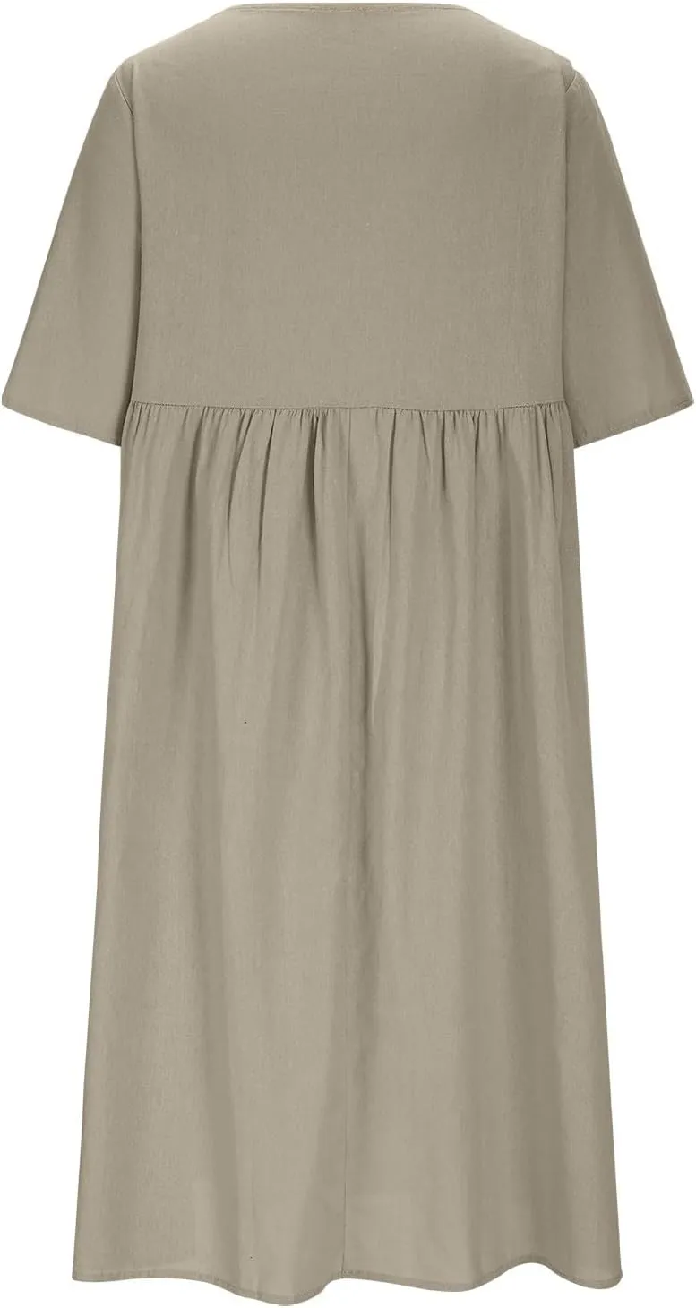 Cotton Linen Midi Dress for Women Casual Loose Solid Button A-line Dress Flowy Summer Beach Vacation Dress
