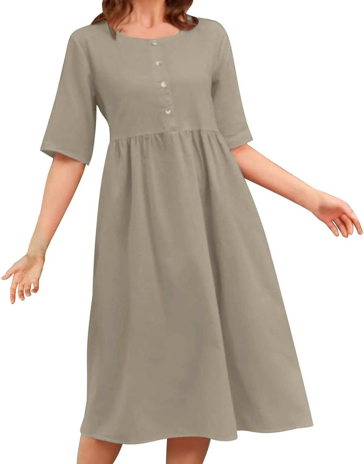 Cotton Linen Midi Dress for Women Casual Loose Solid Button A-line Dress Flowy Summer Beach Vacation Dress