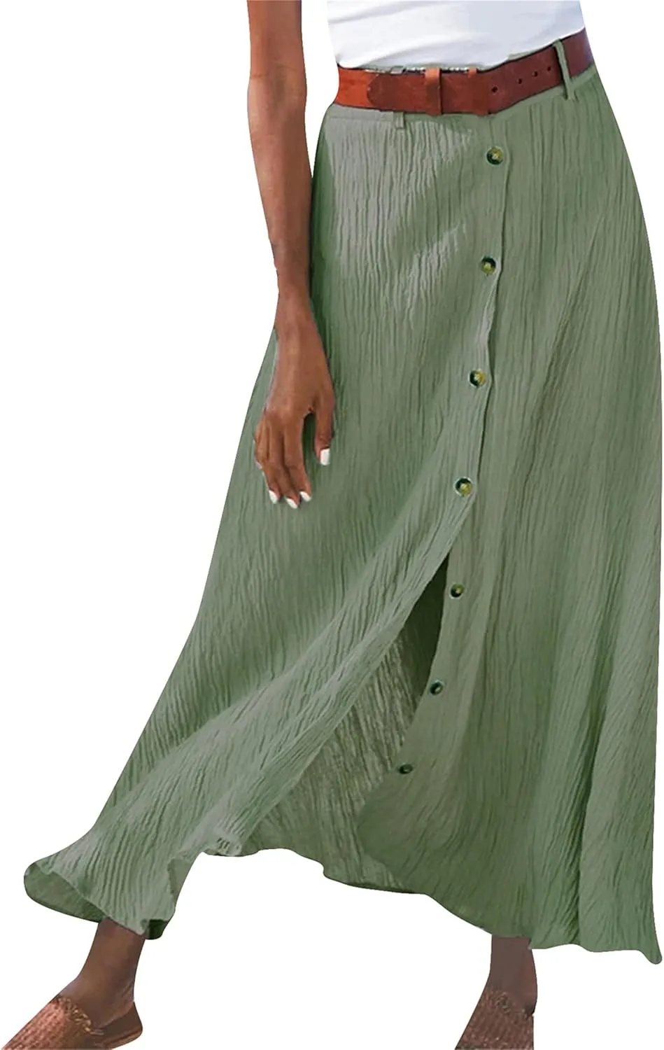 DIACACY Flowy Skirts for Women High Waist Maxi Cotton Linen Skirt Fashion Trendy Button Front Skirt with Belt