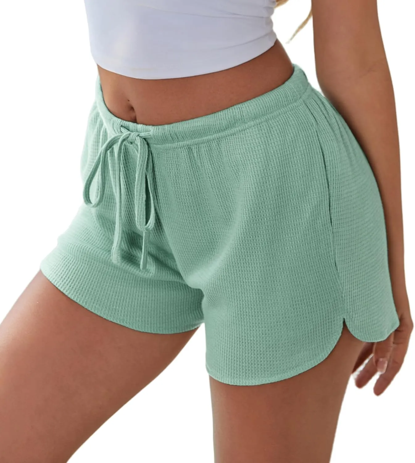 Ekouaer Womens Waffle Knit Pajama Shorts Soft Drawstring Lounge bottoms Casual Workout Shorts with Pockets