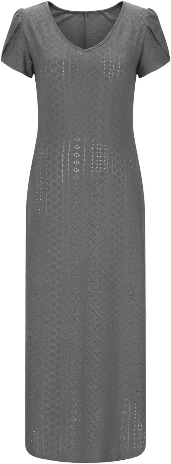 Eyelet Summer Dress for Women 2025 Beach Vacation Maxi Sundress Petal Sleeves Tshirts Dress A Line Flowy Long Dress