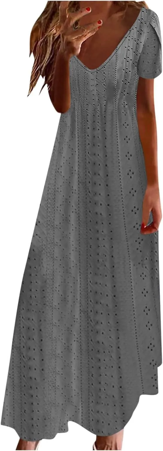 Eyelet Summer Dress for Women 2025 Beach Vacation Maxi Sundress Petal Sleeves Tshirts Dress A Line Flowy Long Dress