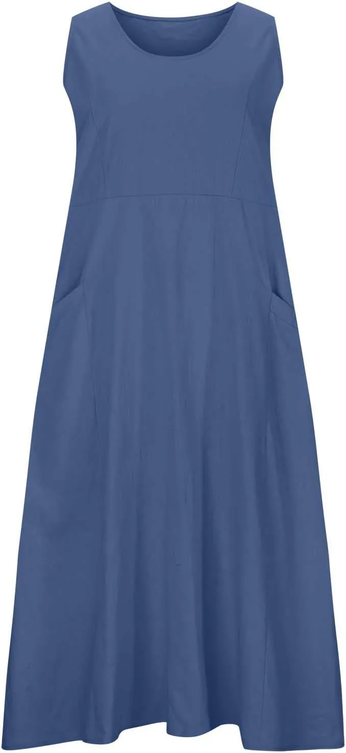Finelylove Womens Summer Dresses Bohemian Cotton Linen Dress Sleeveless Loose Tanke Dress Flowy Long Beach Casual Sundress