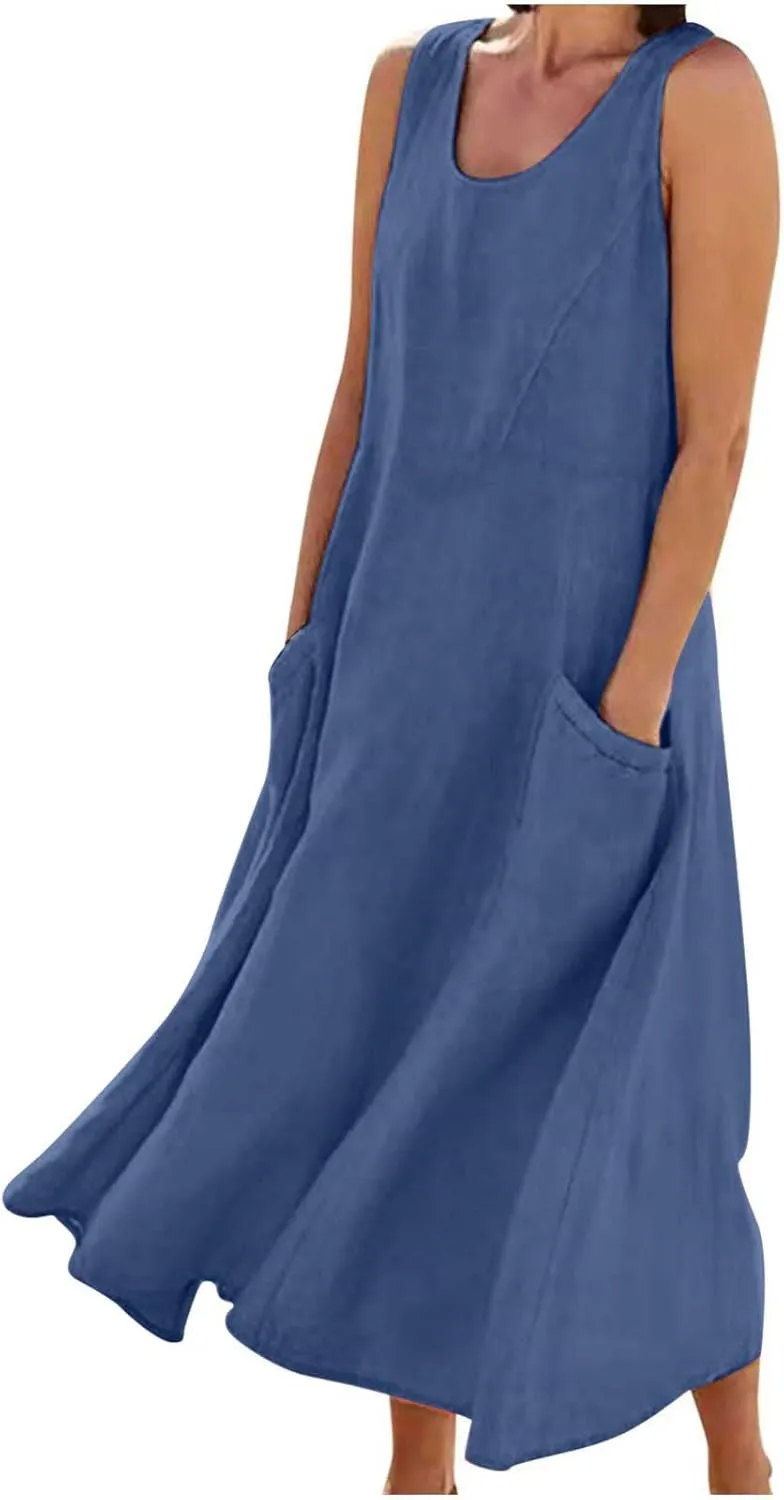 Finelylove Womens Summer Dresses Bohemian Cotton Linen Dress Sleeveless Loose Tanke Dress Flowy Long Beach Casual Sundress