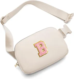 Gitus Belt Bag Fanny Pack Crossbody Bags with Initial Letter Patch Cute Birthday Gifts for Teenage Girls Cool Trendy Preppy Stuff for Teen Girls (Beige-B)