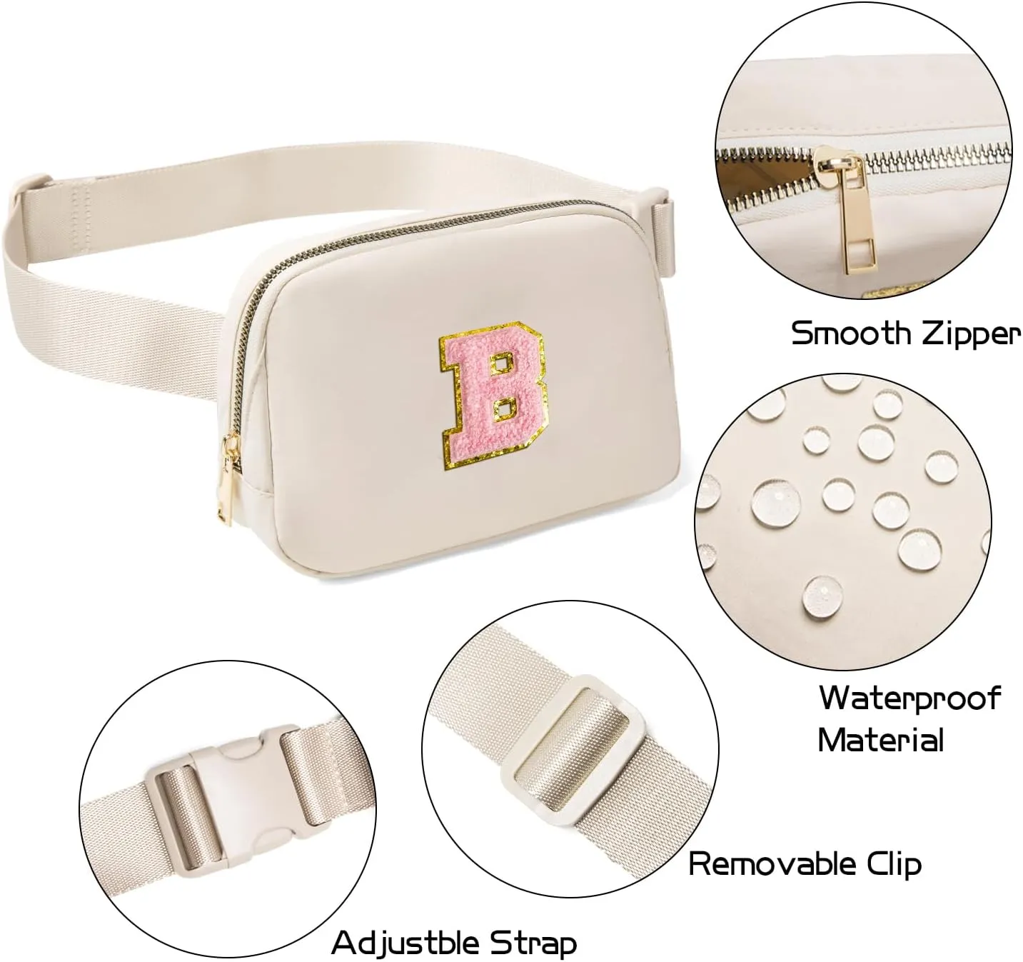 Gitus Belt Bag Fanny Pack Crossbody Bags with Initial Letter Patch Cute Birthday Gifts for Teenage Girls Cool Trendy Preppy Stuff for Teen Girls (Beige-B)