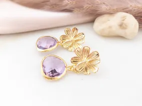 Gold Sakura Earrings with Lilac Crystals
