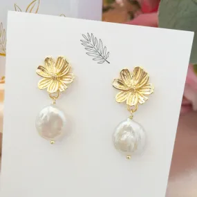 Gold Sakura Earrings with Pearls