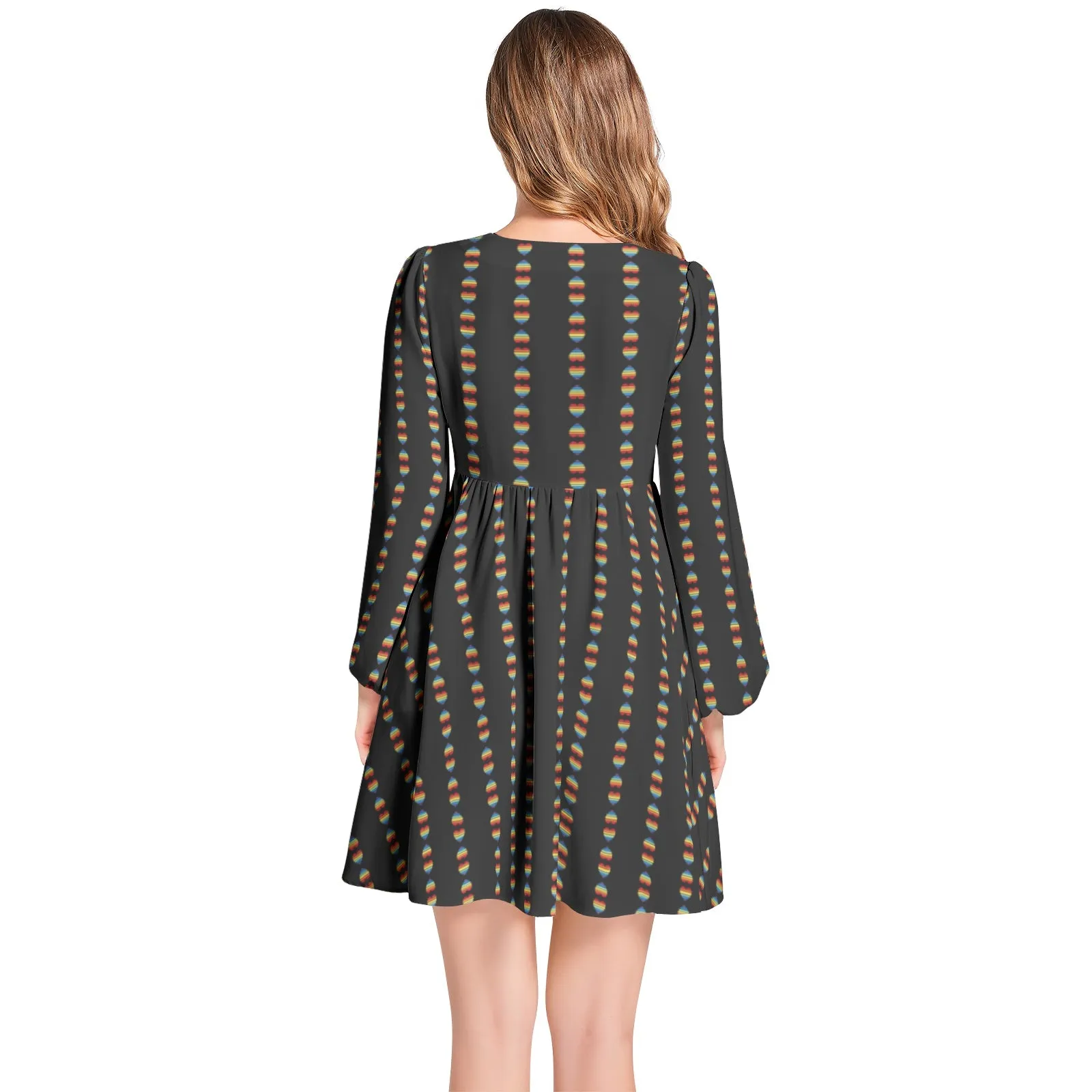Heart Line Lantern Sleeve Deep V-Neck Short Dress