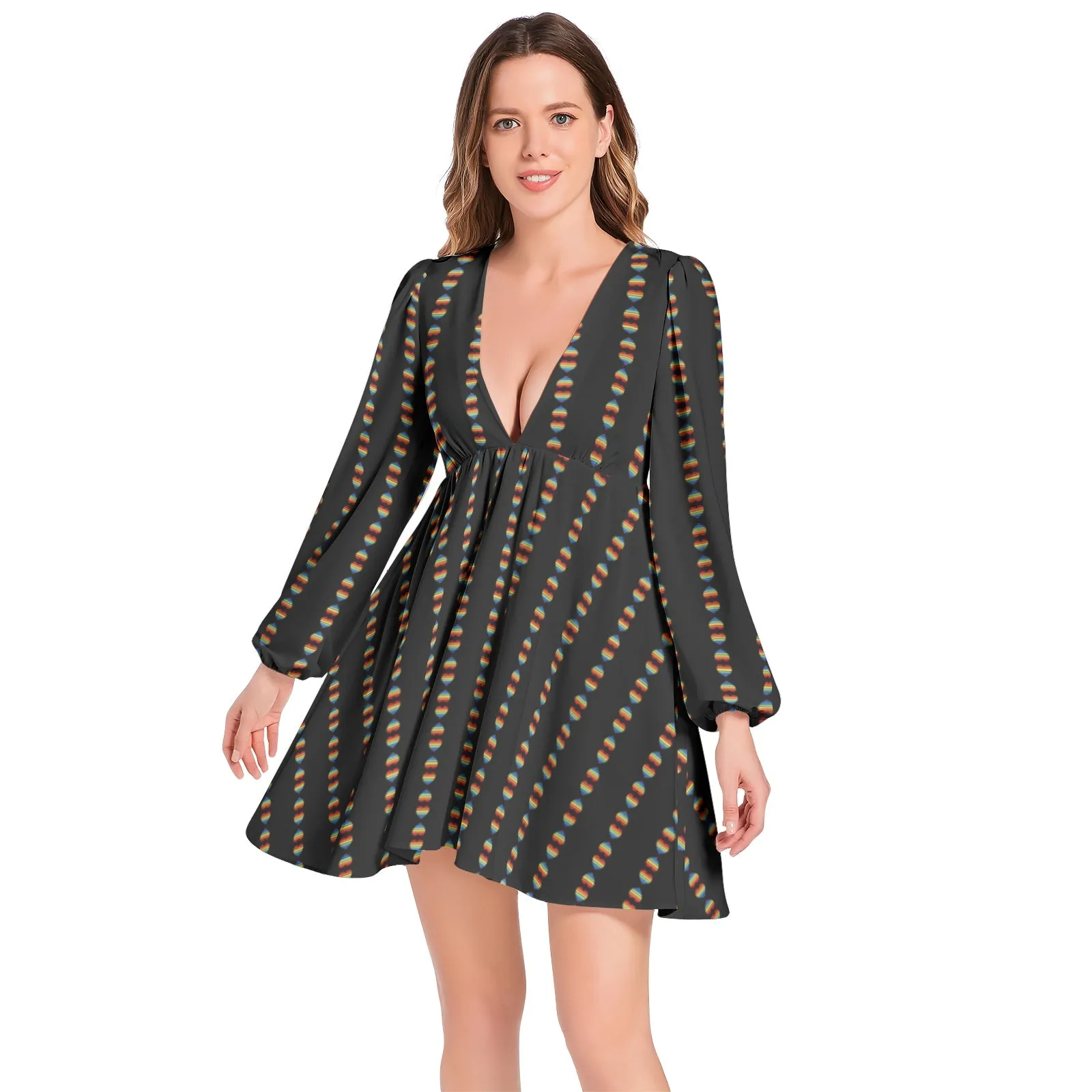 Heart Line Lantern Sleeve Deep V-Neck Short Dress