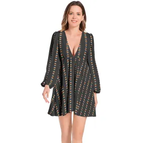 Heart Line Lantern Sleeve Deep V-Neck Short Dress