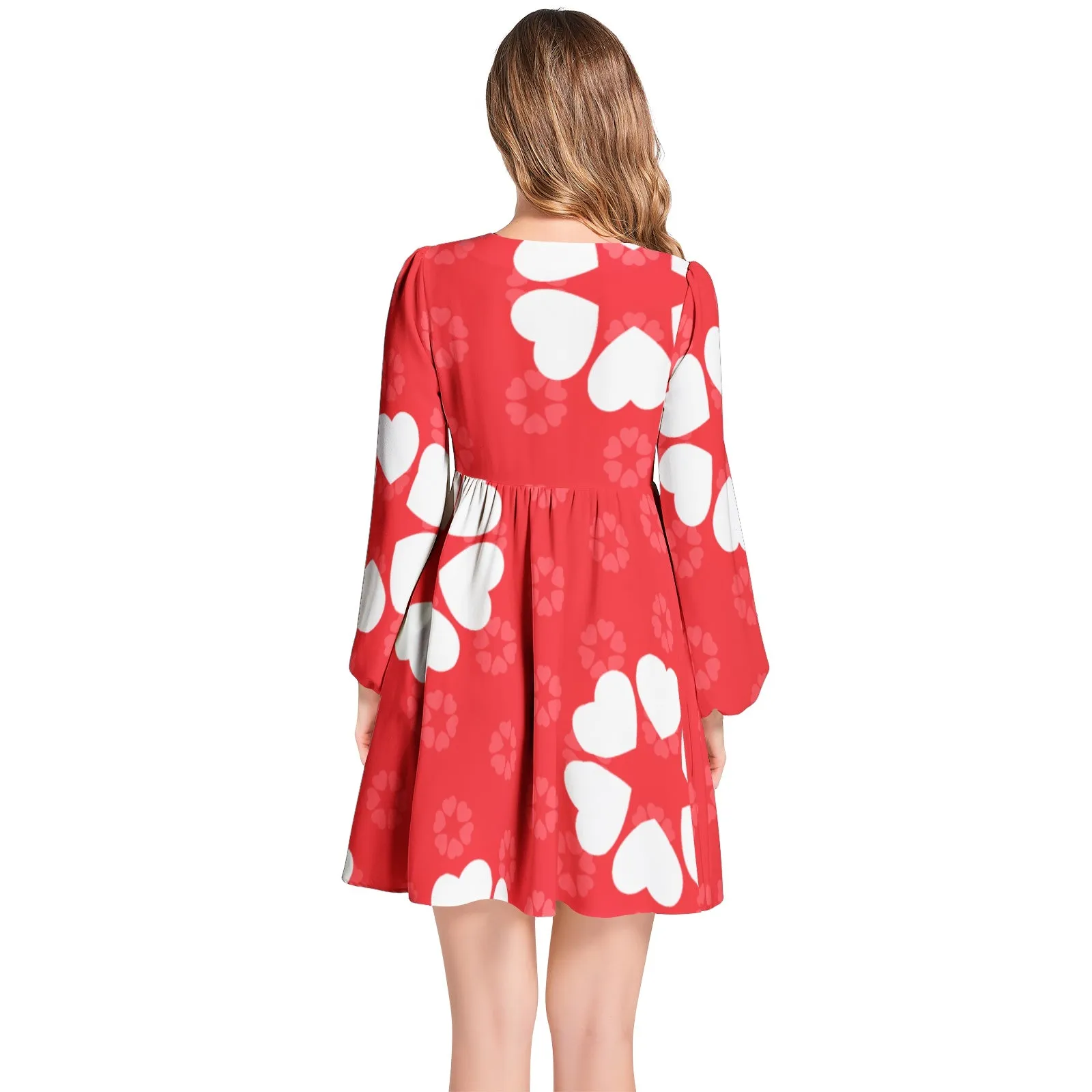 Hearts Lantern Sleeve Deep V-Neck Short Dress