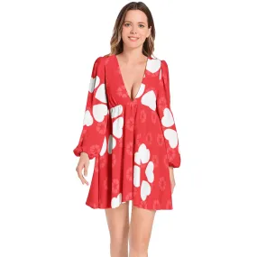 Hearts Lantern Sleeve Deep V-Neck Short Dress