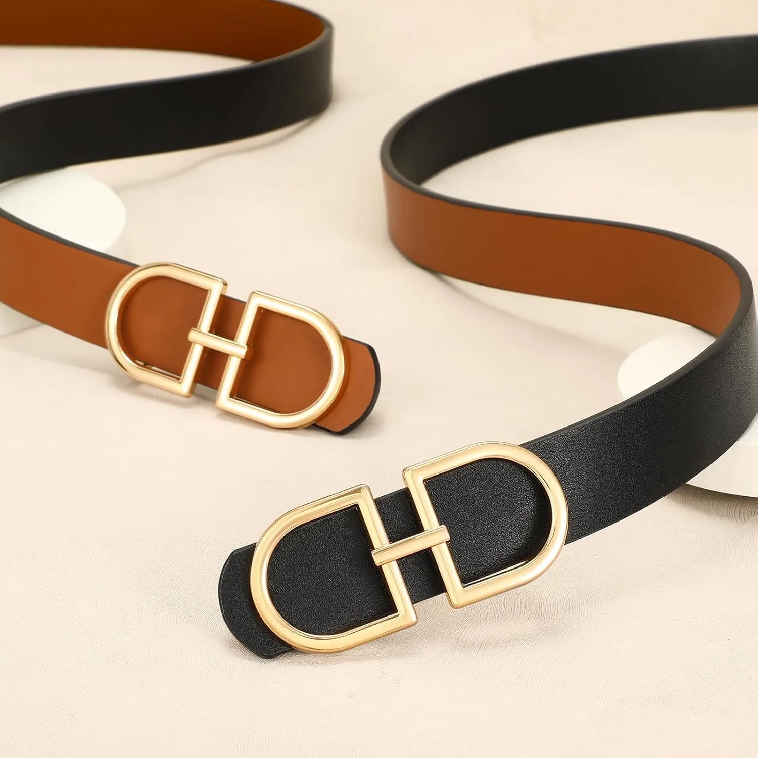 IAKING Reversible Leather Belt for Women With Gold Buckle Ladies Two-in-One Leather Womens Belt for Jeans Pants Dresses