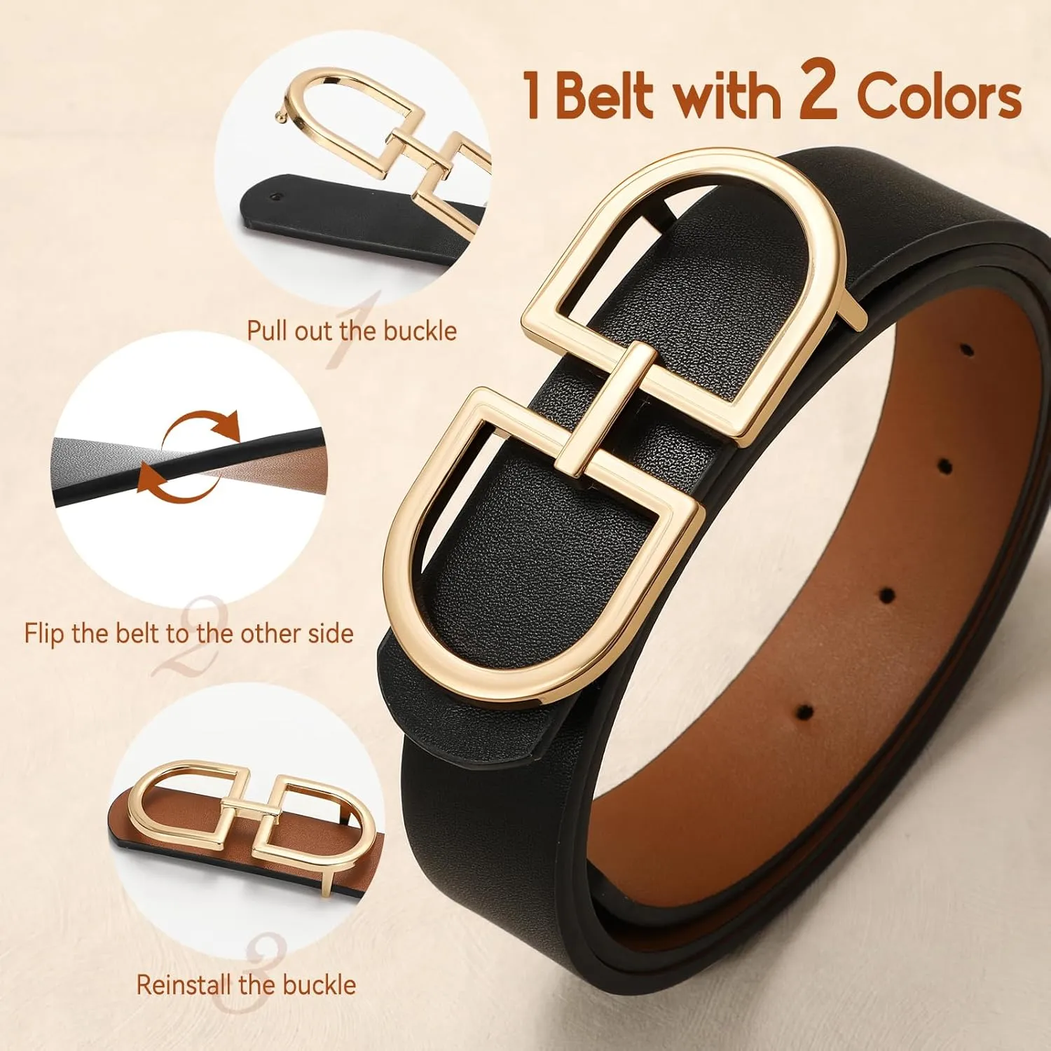 IAKING Reversible Leather Belt for Women With Gold Buckle Ladies Two-in-One Leather Womens Belt for Jeans Pants Dresses