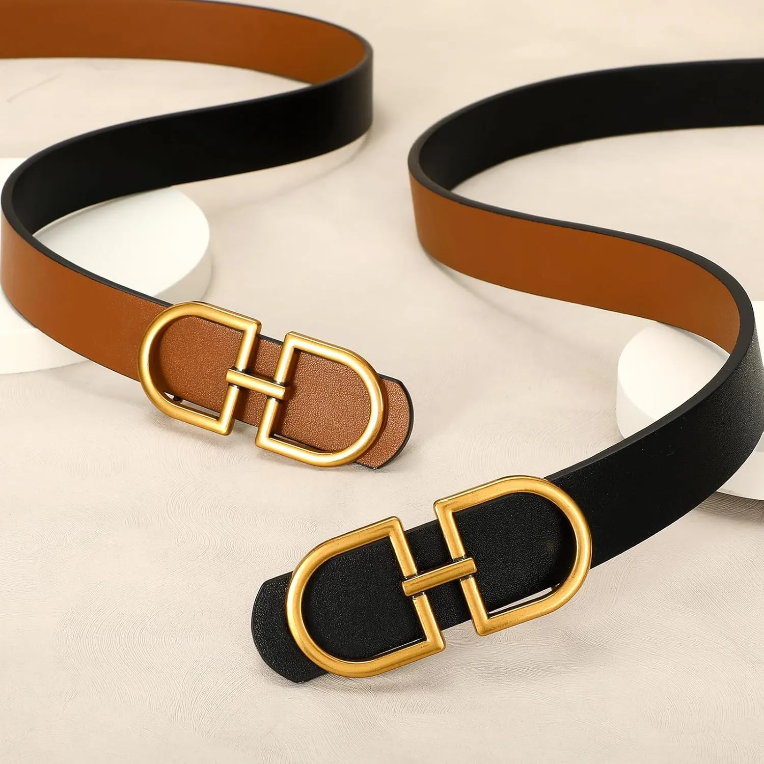 IAKING Reversible Leather Belt for Women With Gold Buckle Ladies Two-in-One Leather Womens Belt for Jeans Pants Dresses