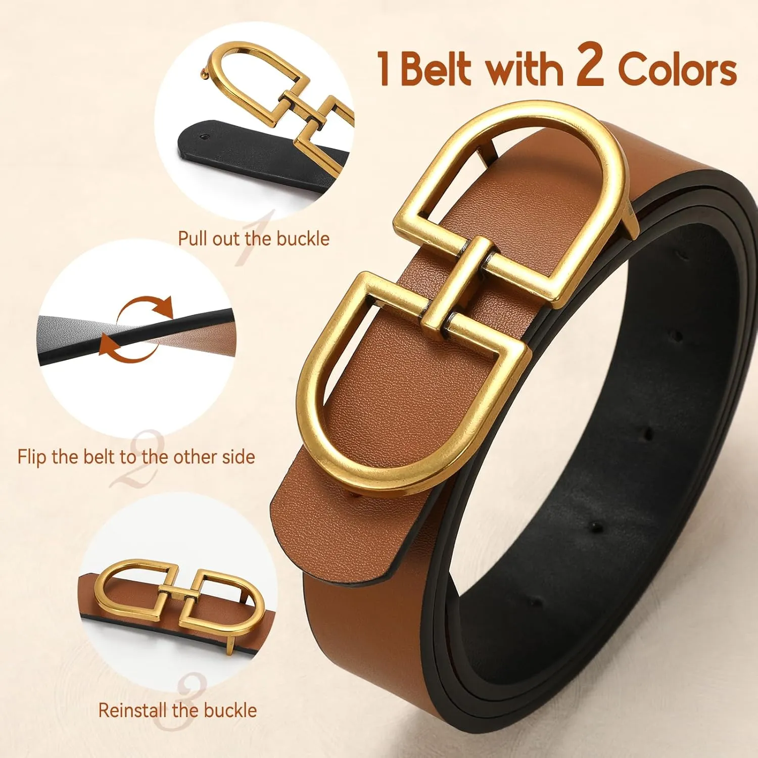 IAKING Reversible Leather Belt for Women With Gold Buckle Ladies Two-in-One Leather Womens Belt for Jeans Pants Dresses