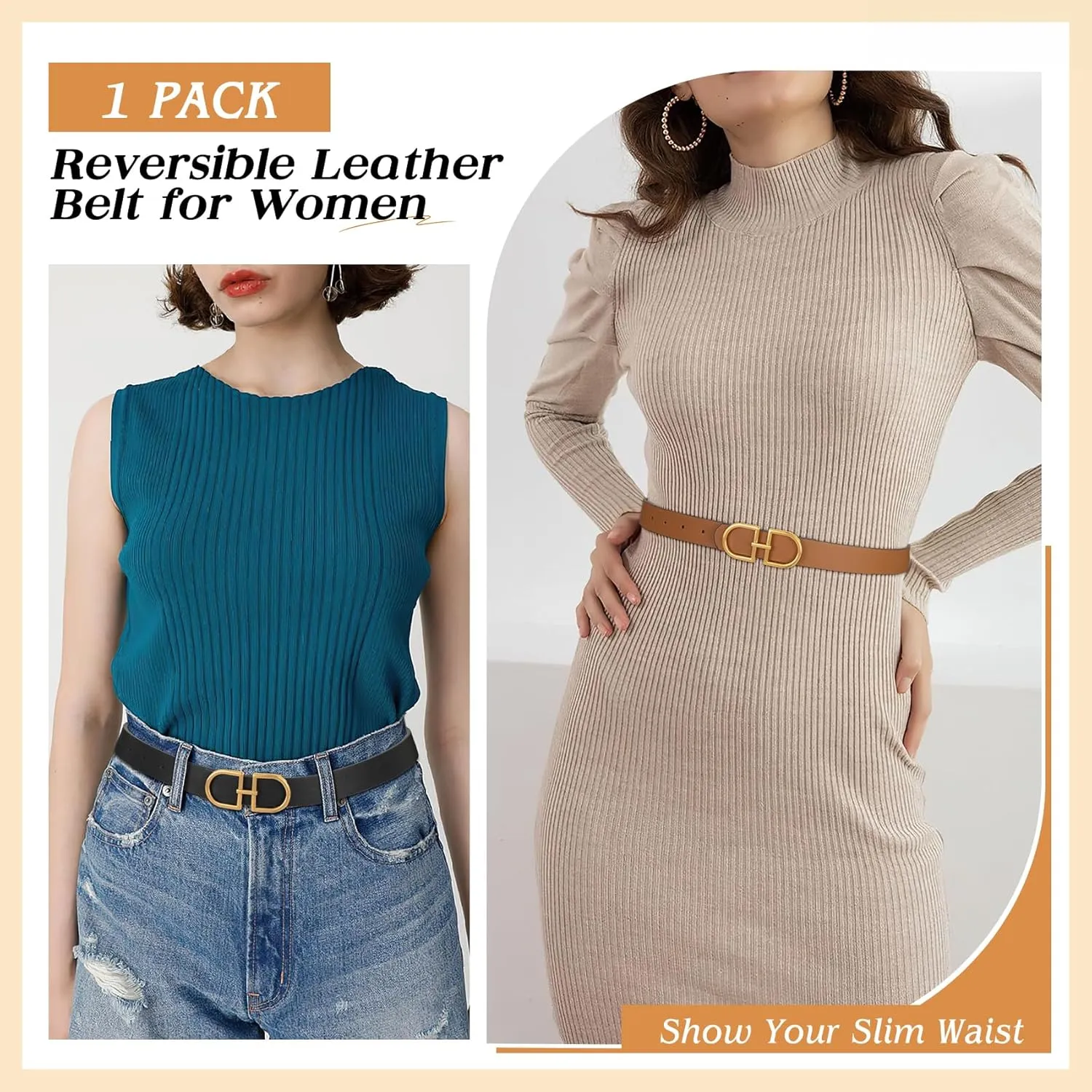 IAKING Reversible Leather Belt for Women With Gold Buckle Ladies Two-in-One Leather Womens Belt for Jeans Pants Dresses