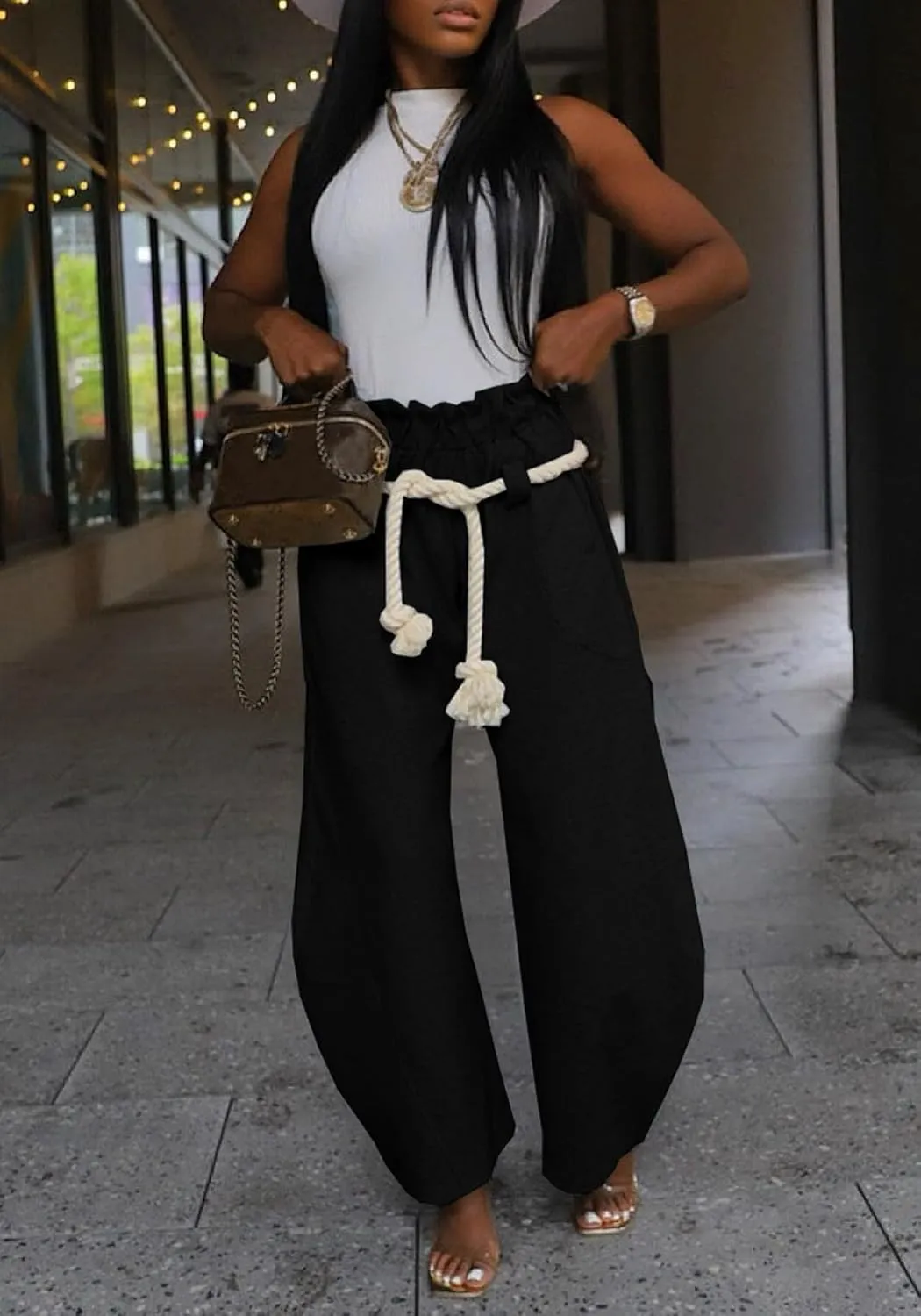 LAJIOJIO Baggy Wide Leg Sweatpants for Women Casual High Waisted Elastic Waist Drawstring Sweat Pants Trousers Trendy