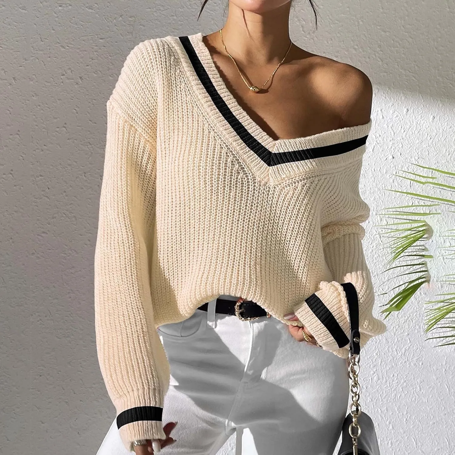 Lastesso Fall Sweaters for Women 2024 V Neck Breathable Oversized Long Sleeve Cable Knit Tops Casual Preppy Trendy Clothes