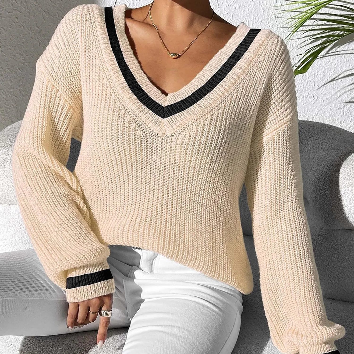 Lastesso Fall Sweaters for Women 2024 V Neck Breathable Oversized Long Sleeve Cable Knit Tops Casual Preppy Trendy Clothes