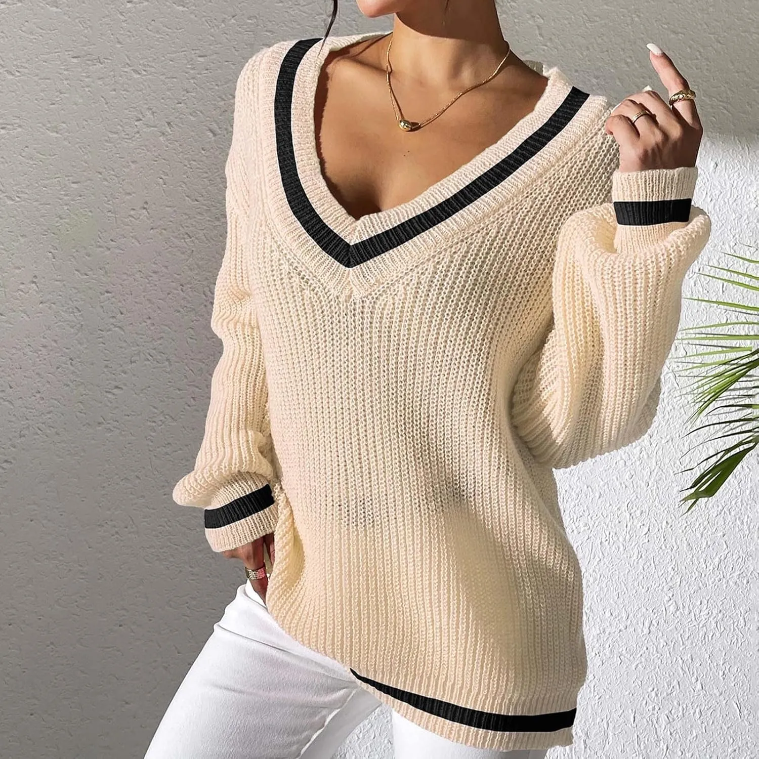 Lastesso Fall Sweaters for Women 2024 V Neck Breathable Oversized Long Sleeve Cable Knit Tops Casual Preppy Trendy Clothes