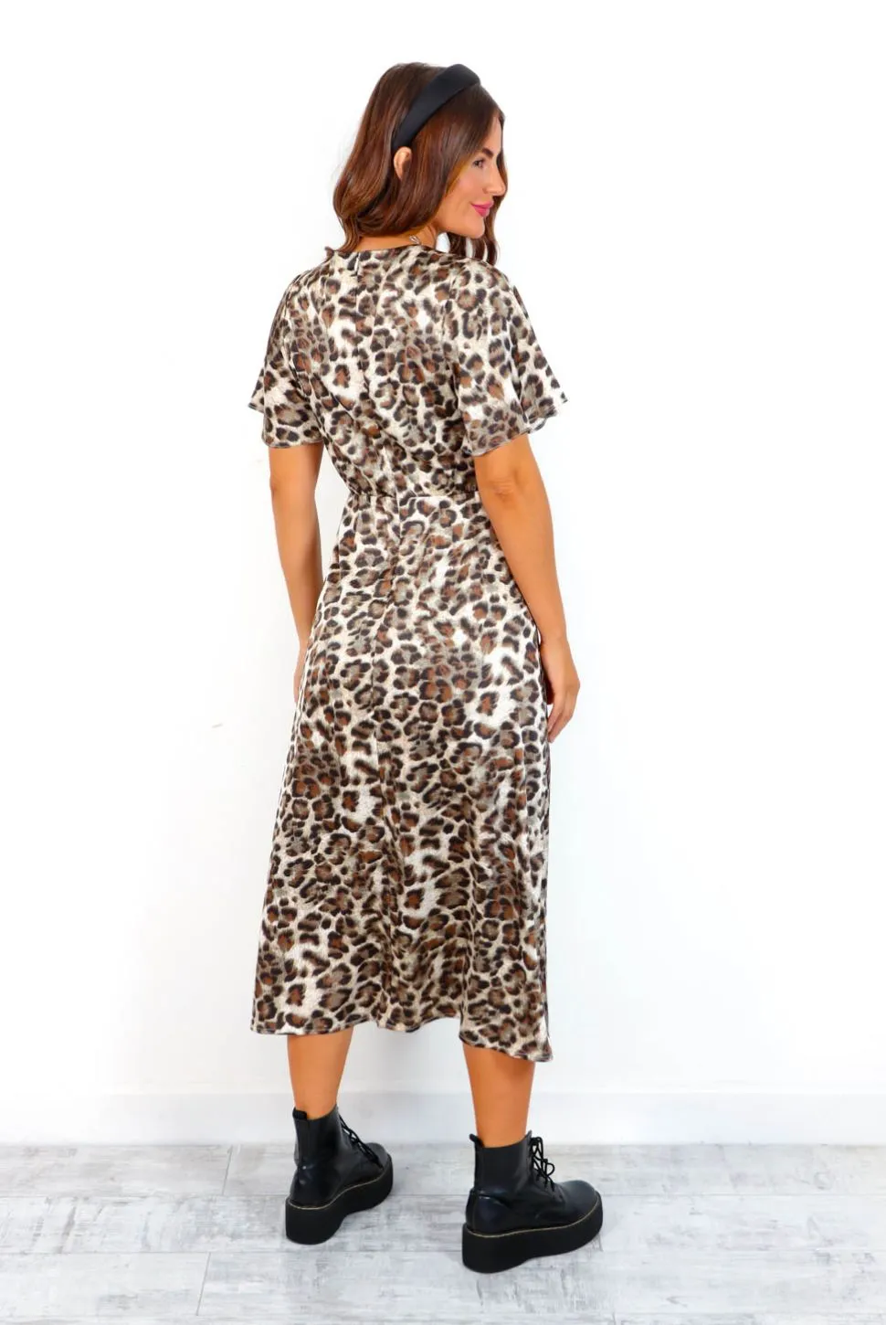 Lets Split - Brown Leopard Print Midi Dress