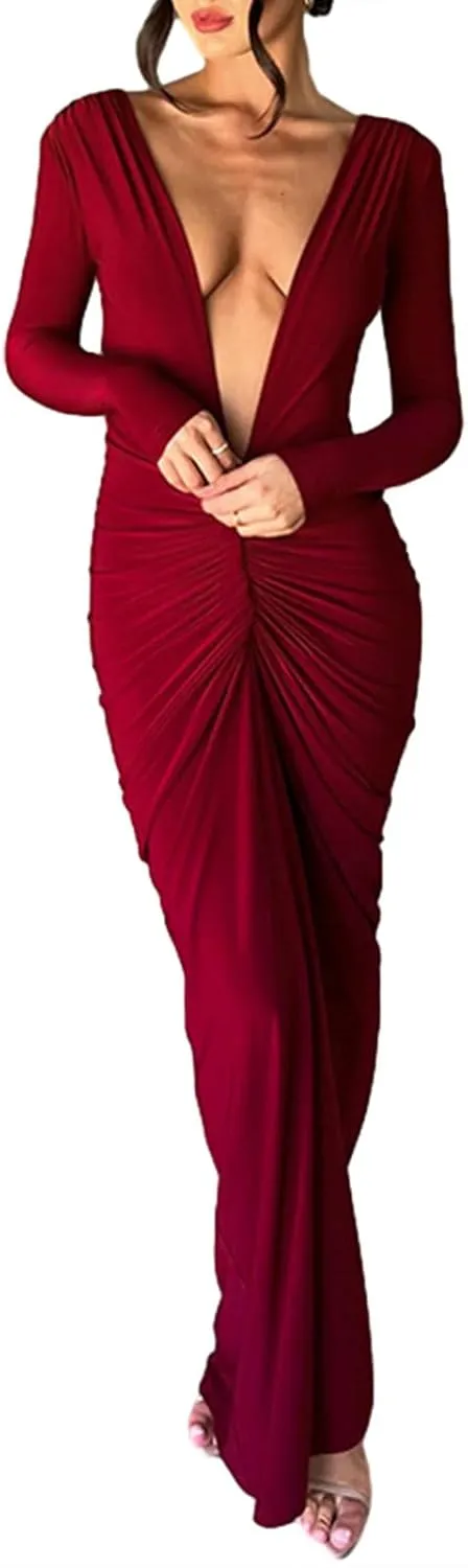 lisenraIn Long Sleeve Maxi Dress for Women Sexy Backless Long Dress Evening Party Wedding Guest Back Ruched Bodycon Dress