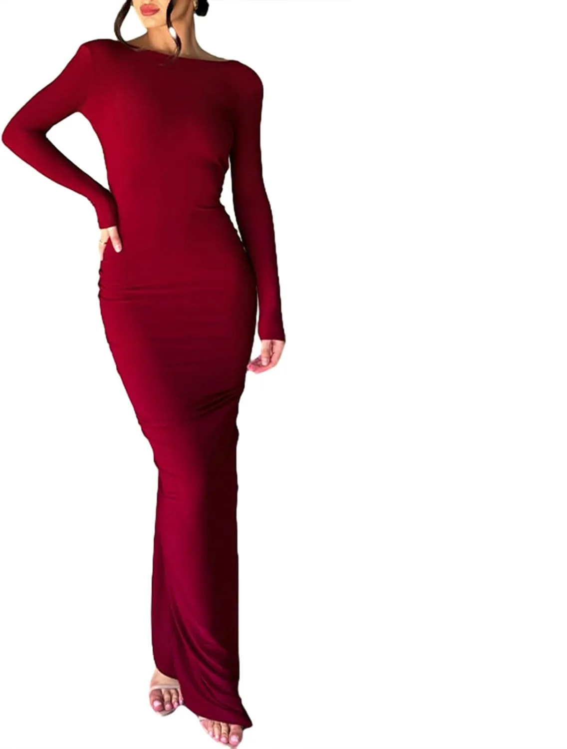 lisenraIn Long Sleeve Maxi Dress for Women Sexy Backless Long Dress Evening Party Wedding Guest Back Ruched Bodycon Dress