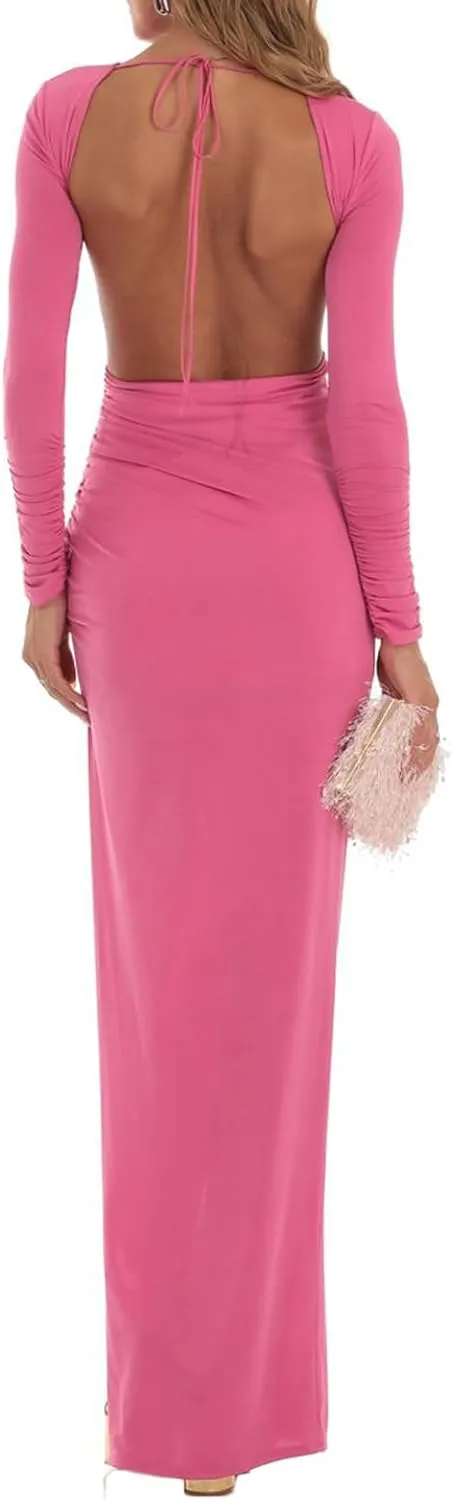 lisenraIn Long Sleeve Maxi Dress for Women Sexy Backless Long Dress Evening Party Wedding Guest Back Ruched Bodycon Dress