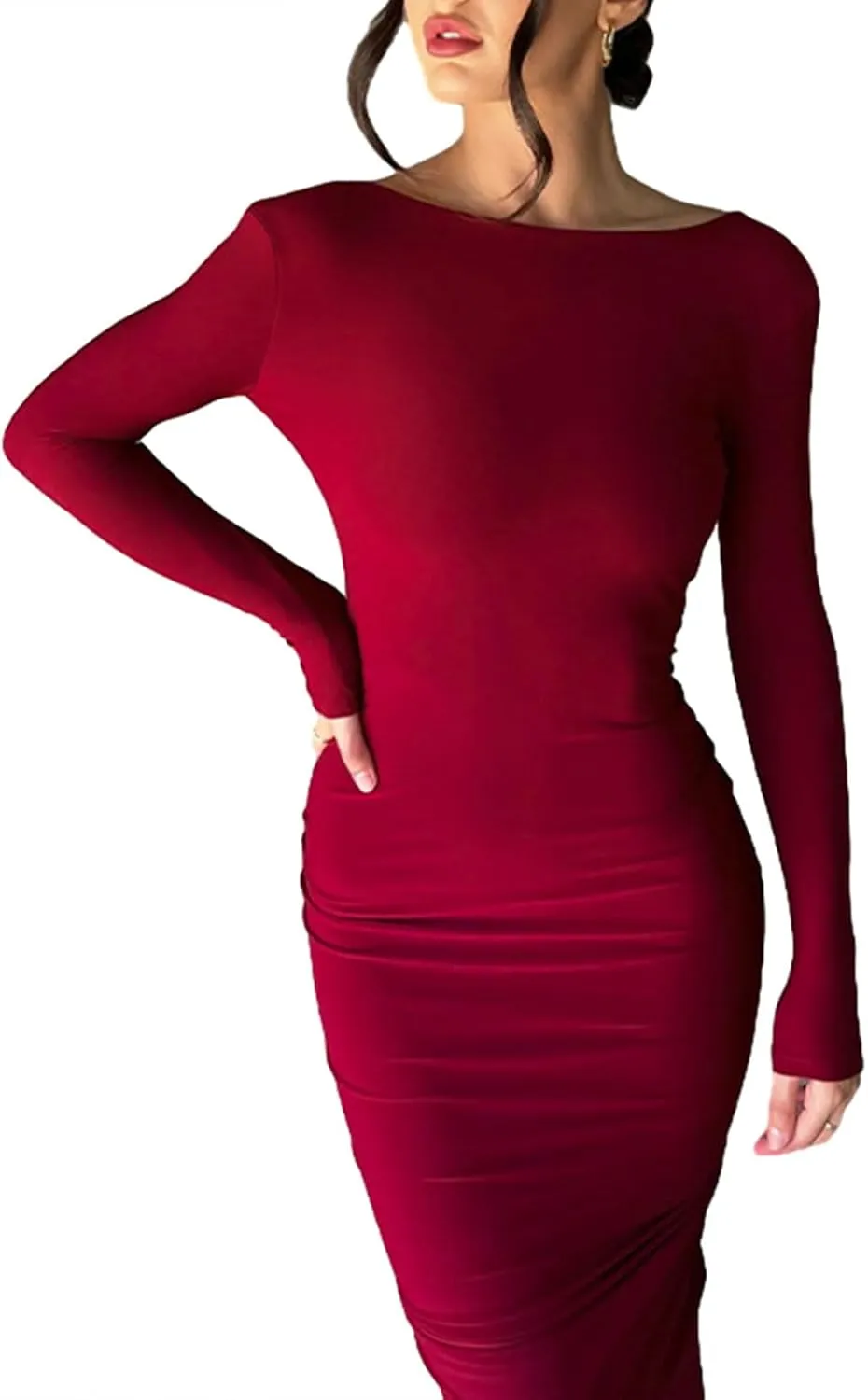 lisenraIn Long Sleeve Maxi Dress for Women Sexy Backless Long Dress Evening Party Wedding Guest Back Ruched Bodycon Dress