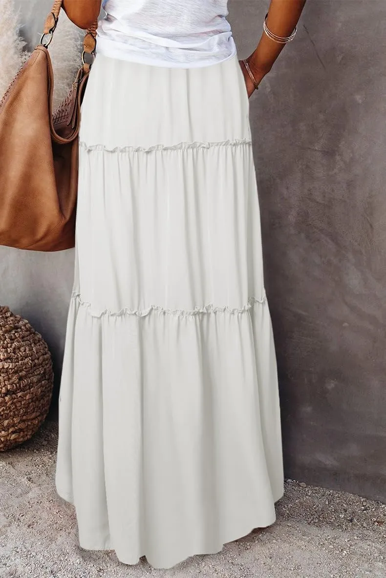 LOUSEA Women's Long Maxi Skirt high Waist Ruffle Tiered Cocktail Dress a-line midi Skirts with Pocket Wedding Guest Dress