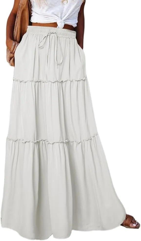 LOUSEA Women's Long Maxi Skirt high Waist Ruffle Tiered Cocktail Dress a-line midi Skirts with Pocket Wedding Guest Dress
