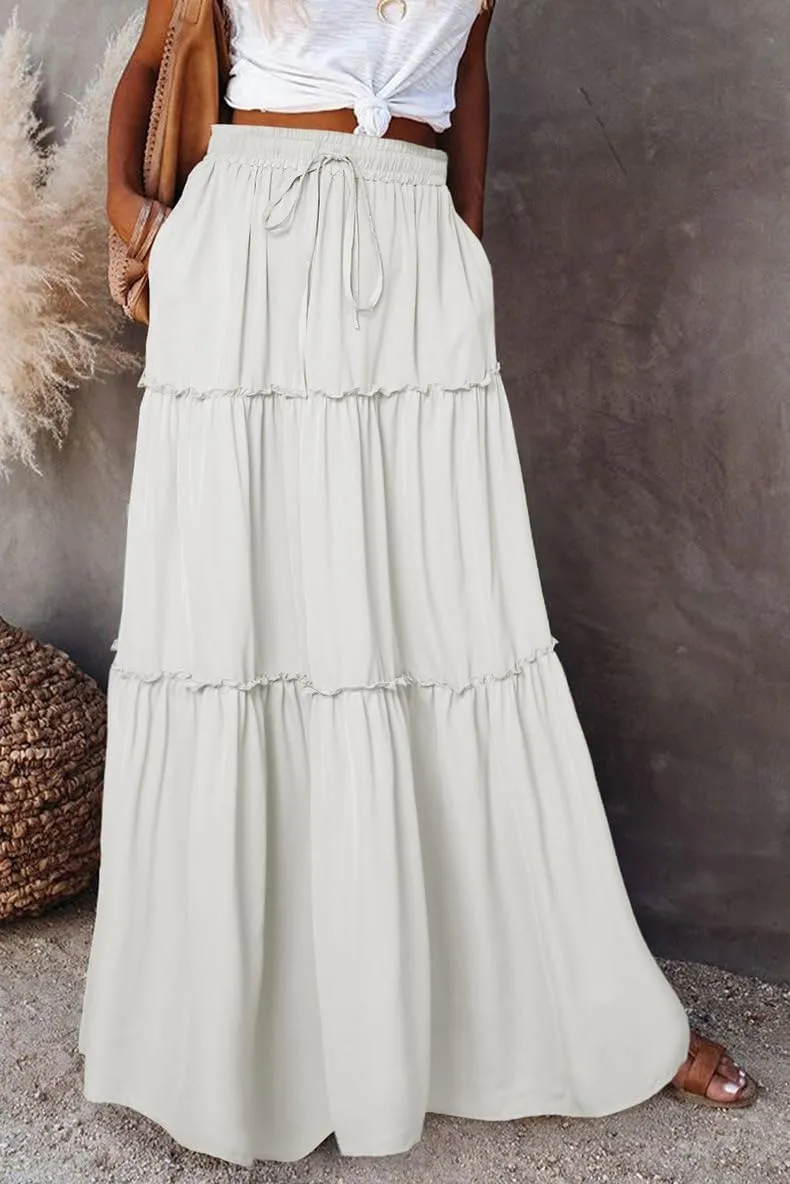 LOUSEA Women's Long Maxi Skirt high Waist Ruffle Tiered Cocktail Dress a-line midi Skirts with Pocket Wedding Guest Dress