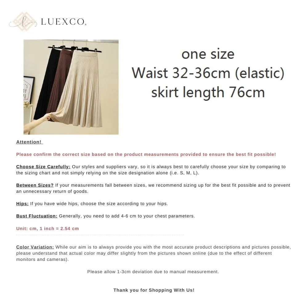 Luexco Knitted Skirt Mid-Length High Waist A-line Pleated Skirt
