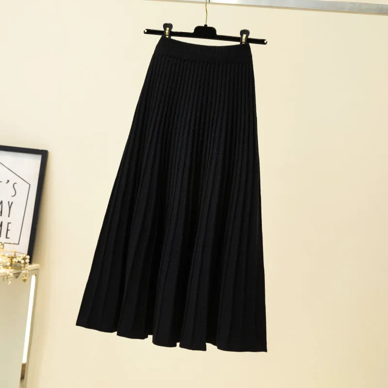 Luexco Knitted Skirt Mid-Length High Waist A-line Pleated Skirt