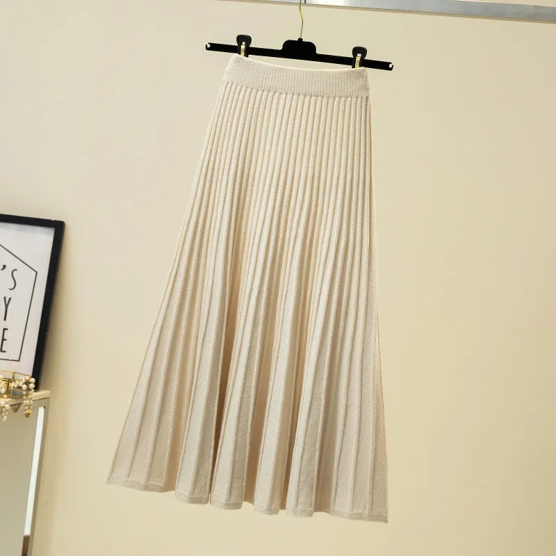 Luexco Knitted Skirt Mid-Length High Waist A-line Pleated Skirt