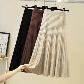 Luexco Knitted Skirt Mid-Length High Waist A-line Pleated Skirt