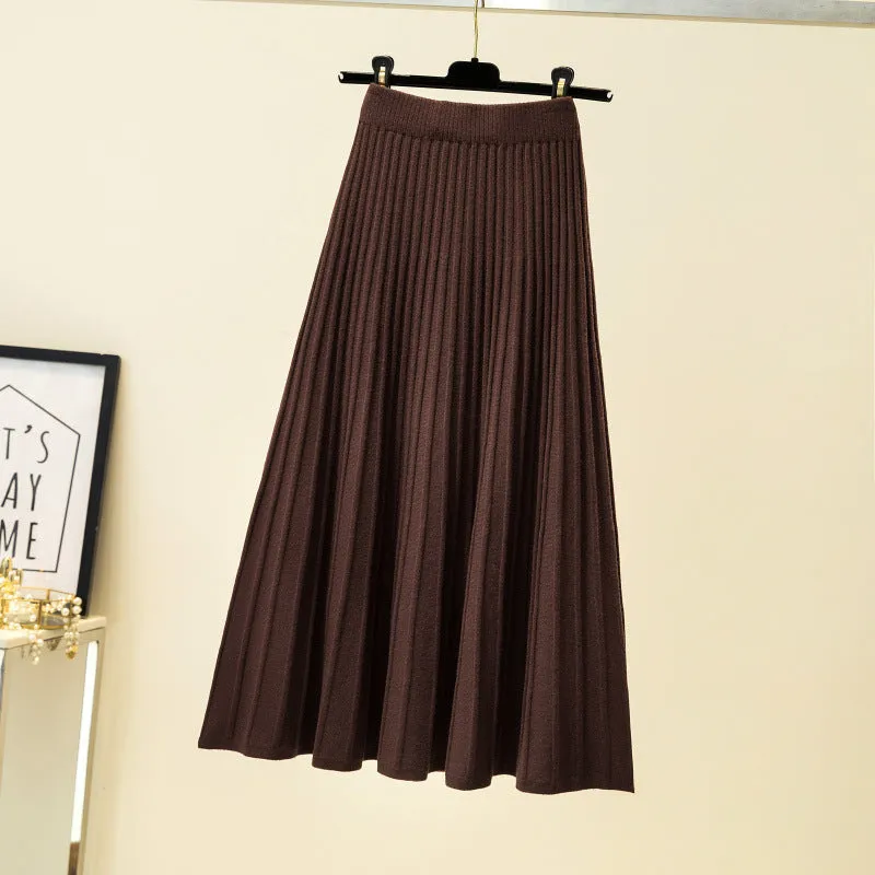 Luexco Knitted Skirt Mid-Length High Waist A-line Pleated Skirt