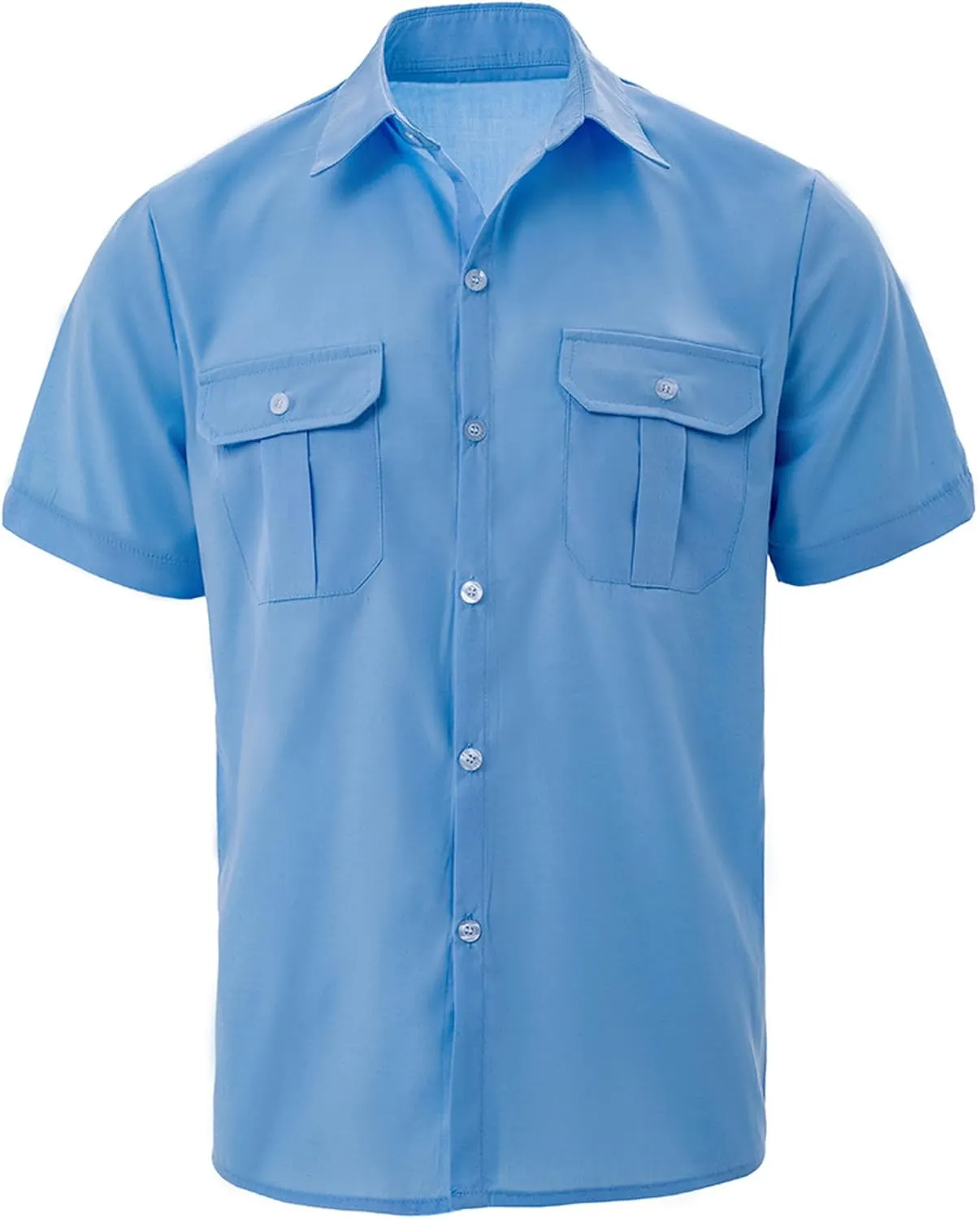 Men's Retro Classic Shirt Button Down Lapel Double Pocket Solid Color Short-Sleeved Summer Casual Breathable Shirt