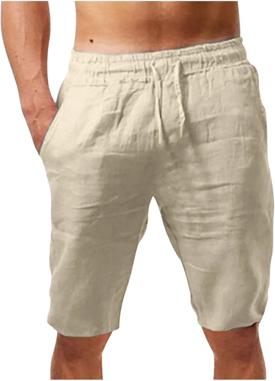 Men's Solid Cotton Linen Shorts 9'' Elastic Waist Retro Beach Summer Drawstring Shorts Comfy Soft Lounge Shorts