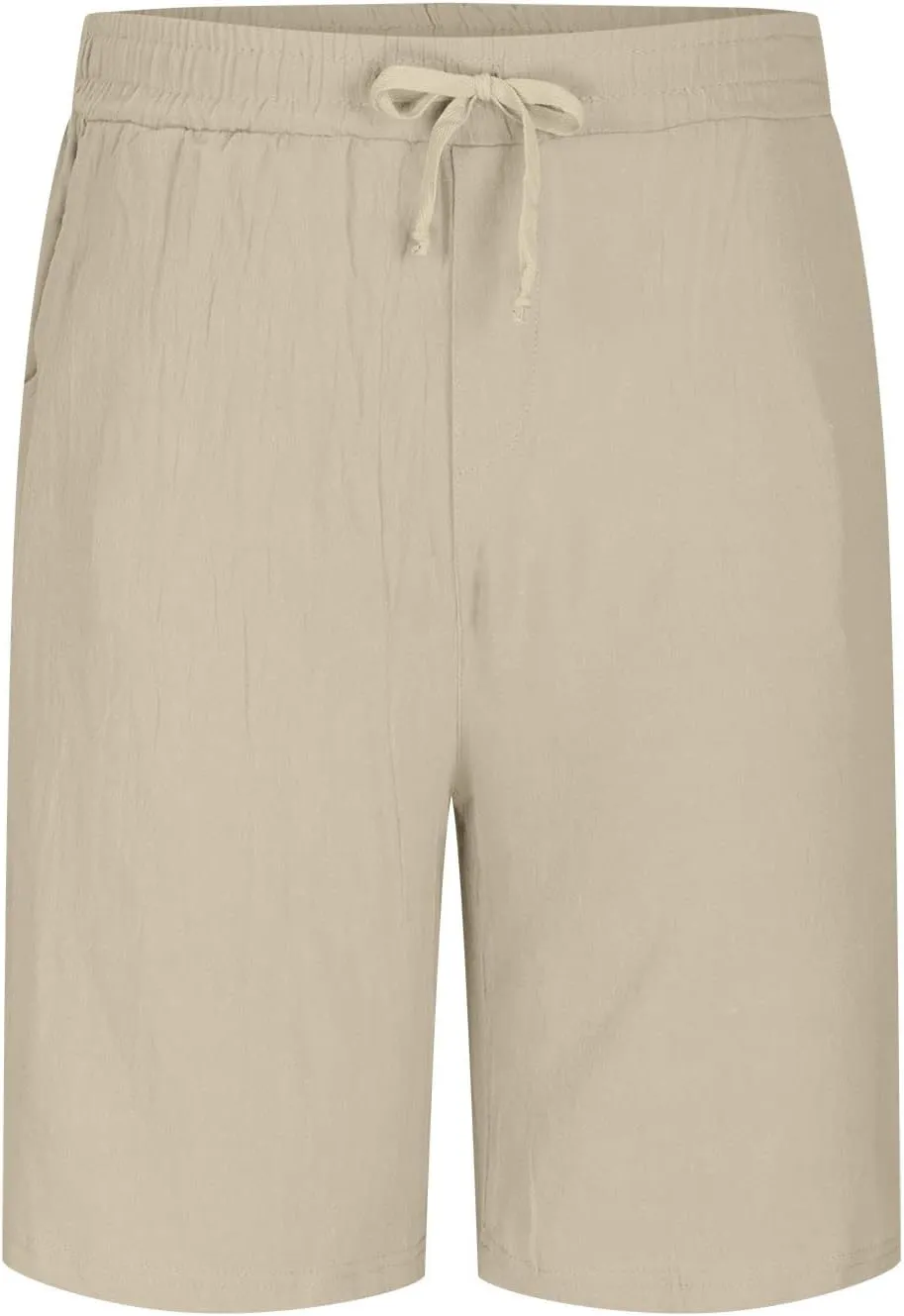 Men's Solid Cotton Linen Shorts 9'' Elastic Waist Retro Beach Summer Drawstring Shorts Comfy Soft Lounge Shorts