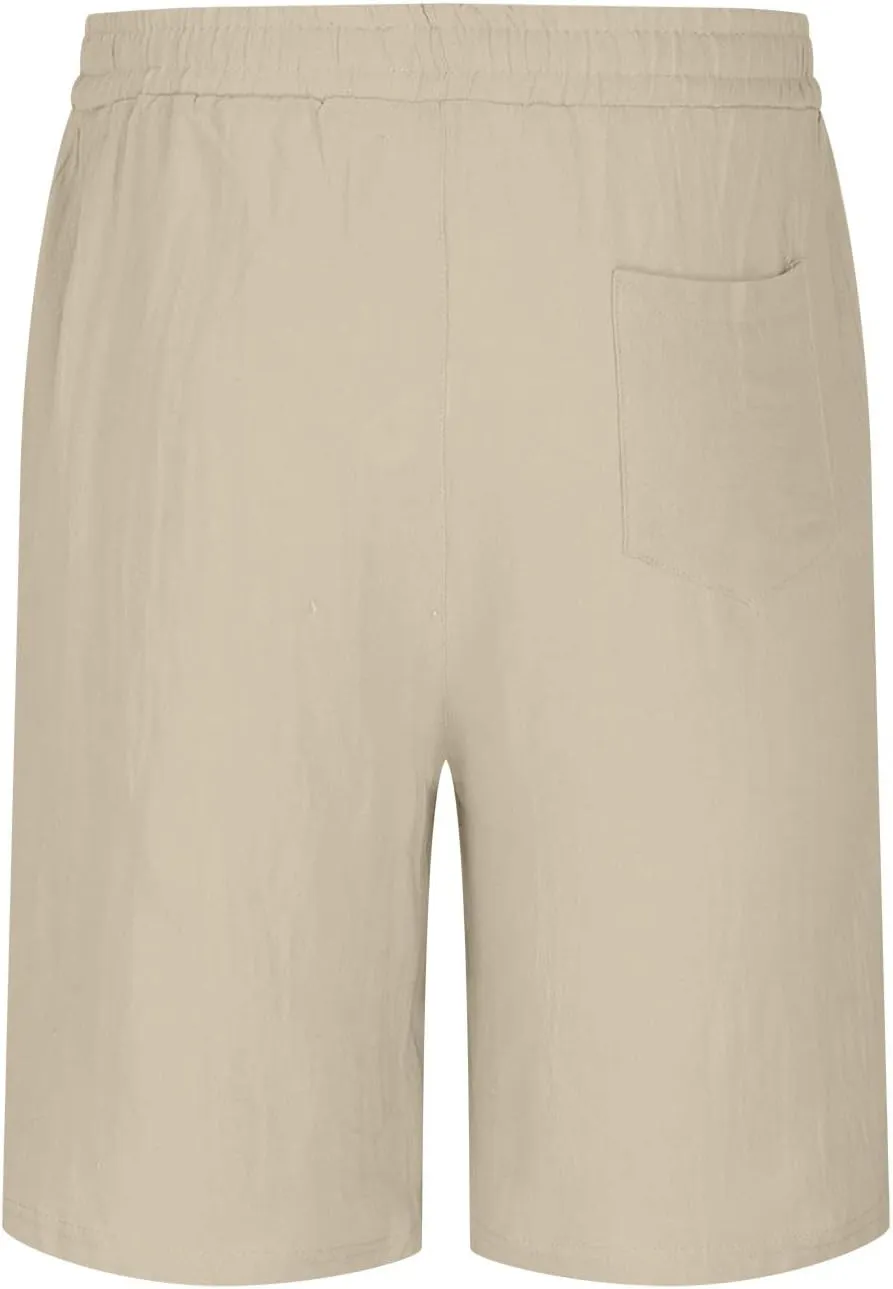Men's Solid Cotton Linen Shorts 9'' Elastic Waist Retro Beach Summer Drawstring Shorts Comfy Soft Lounge Shorts