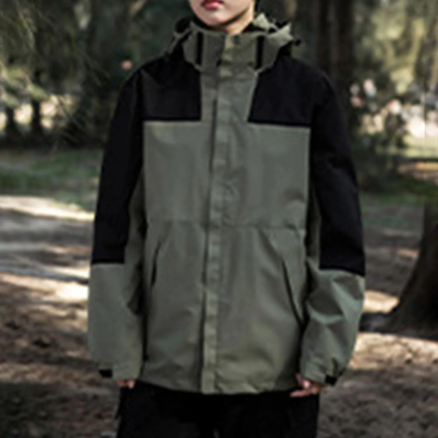 Mens Waterproof Rain Jacket Lightweight Breathable Solid Contrast Patchwork Windbreak Hooded Coat Outdoor Jacket