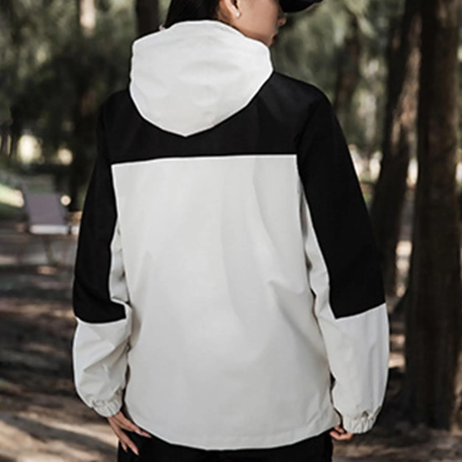 Mens Waterproof Rain Jacket Lightweight Breathable Solid Contrast Patchwork Windbreak Hooded Coat Outdoor Jacket